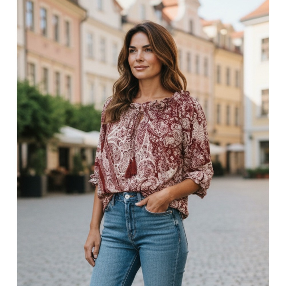 SOHO JEANS Paisley Smocked Off Shoulder Tie Neck Blouse Top Women Large